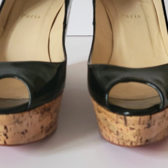Christian Louboutin Black Patent Leather Peep Toe Cork Sole Platform Wedges - Picture 4 of 14